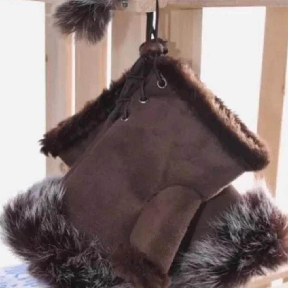 NWT Barbiecore‎ brown faux rabbit fur winter fingerless gloves (#1,045)